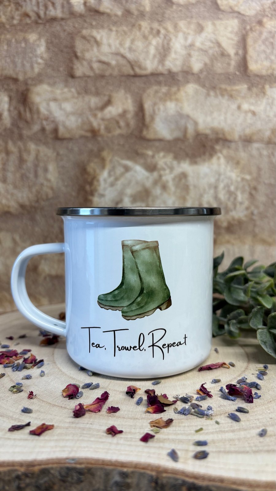 ENAMEL MUG - TEA, TROWEL, REPEAT - GARDENING GIFT - GREEN