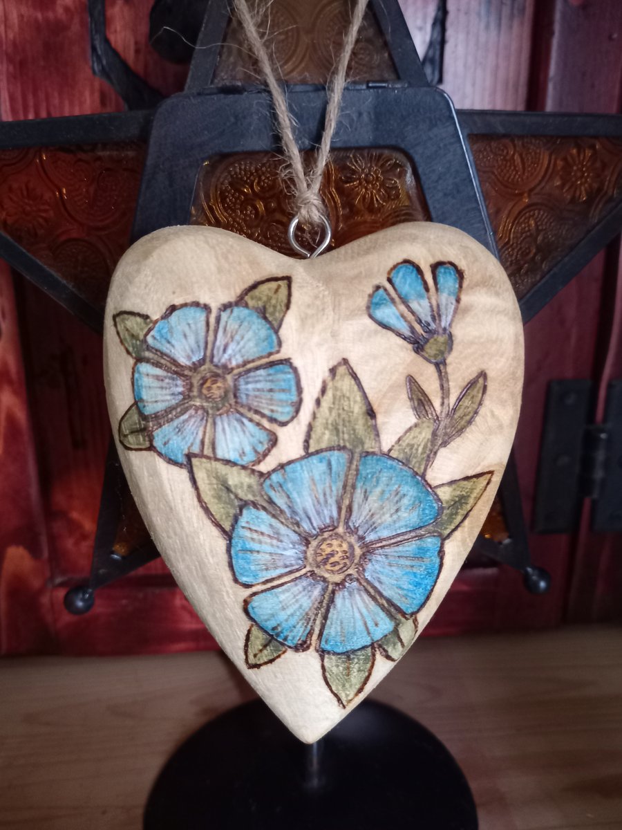 Pyrography wooden blue flower heart decoration