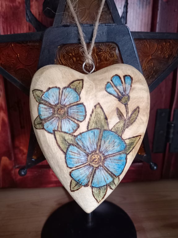 Pyrography wooden blue flower heart decoration