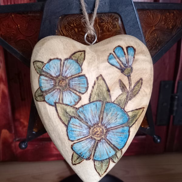 Pyrography wooden blue flower heart decoration