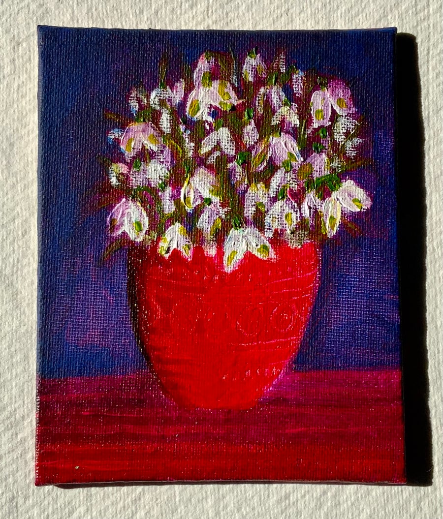 Snowdrops in Red Vase, miniature canvas board painting