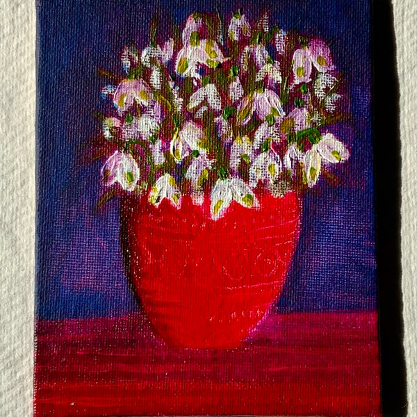 Snowdrops in Red Vase, miniature canvas board painting