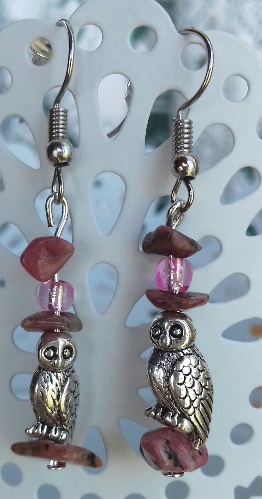 New Owl Earrings: "Silver Owl Perched on a Stone Chip", Unique Design Low Price 