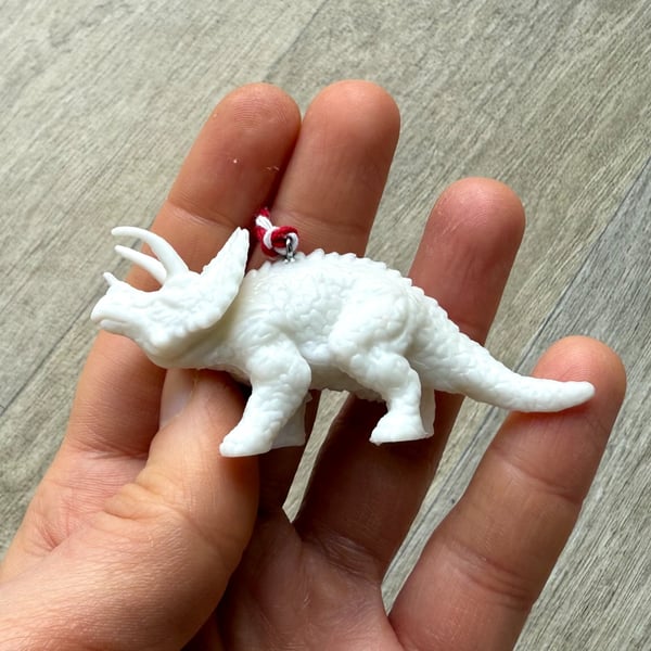 White Triceratops Dinosaur Ornament - Upcycled Toy