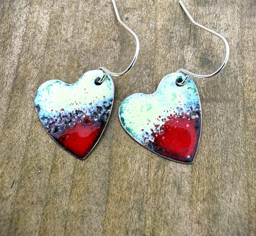 green and red enameled copper earrings, hand made on Anglesey North Wales using 