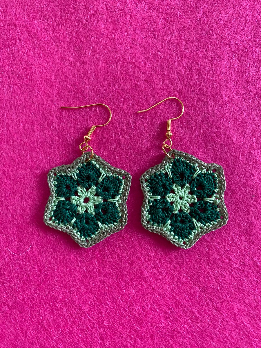 Handmade African Style Crocheted Hexagon Flower Earrings 