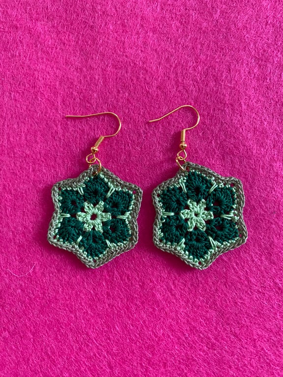 Handmade African Style Crocheted Hexagon Flower Earrings 