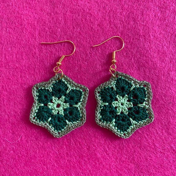 Handmade African Style Crocheted Hexagon Flower Earrings 