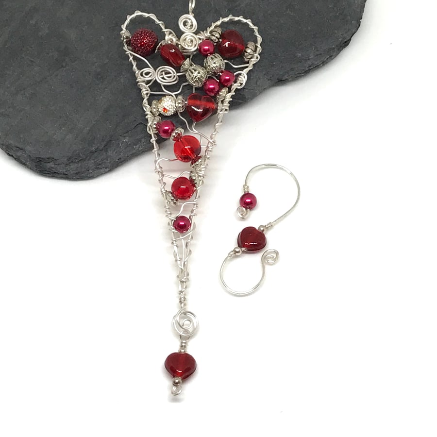 Heart Decoration, Red and Silver, Silver Plated, Wire Wrapped