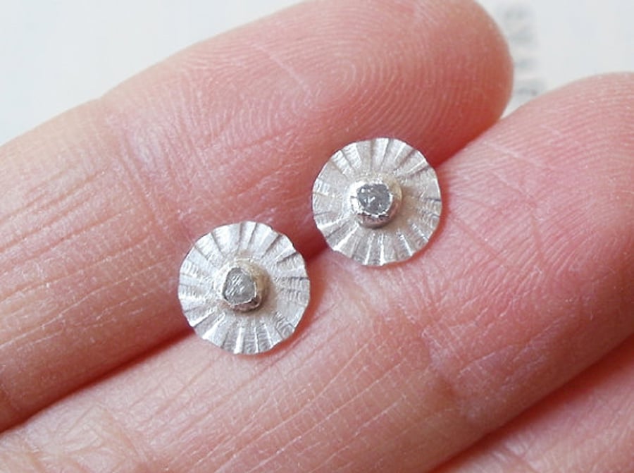 rough diamond earring studs in sterling silver, flower earrings