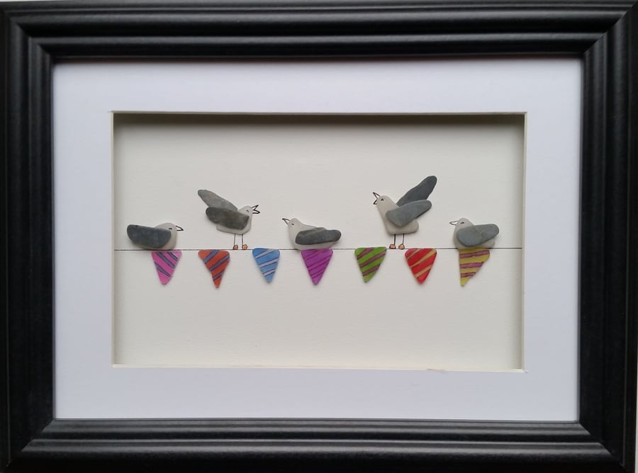Seagulls on Sea Glass Bunting, Sea Glass Art, Picture Frame, Beach Art,