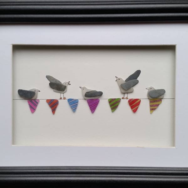 Seagulls on Sea Glass Bunting, Sea Glass Art, Picture Frame, Beach Art,