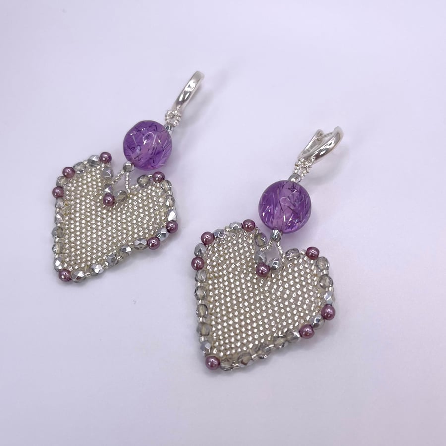 Unique design beaded silver and purple “Hearts” with upcycled glitter balls 