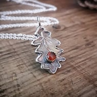 Oak Leaf Hessonite Garnet Silver Necklace