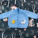 Hand knitted traditional baby cardigan,blue, goose chick ,Heirloom Coming home