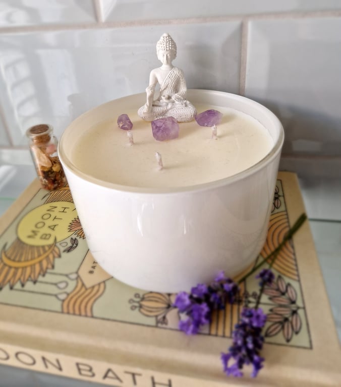 Buddha Meditation Candle: Amethyst Crystals, Aromatherapy Oils