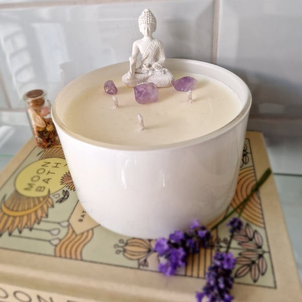 Buddha Meditation Candle: Amethyst Crystals, Aromatherapy Oils