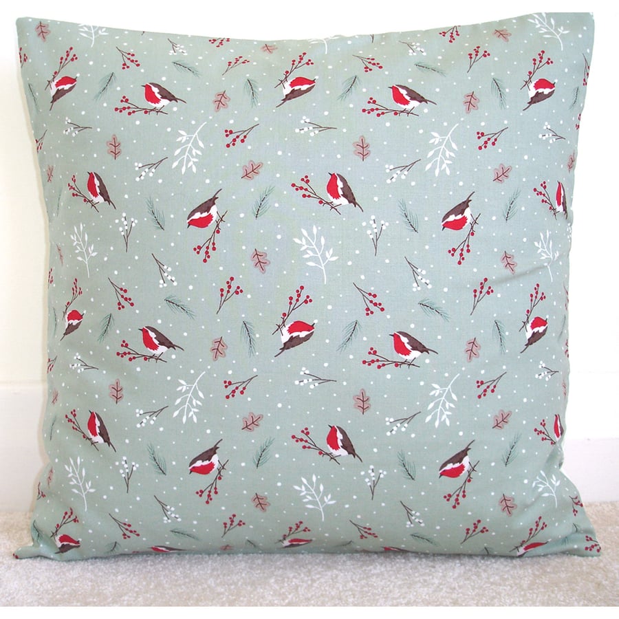 Christmas Cushion Cover Robin 16" Red and Green Robins 16x16