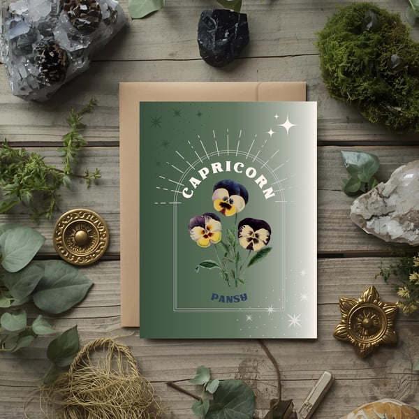 Capricorn Zodiac Flower Card. Pansy. Birthday Card for Dec 22 – Jan 19