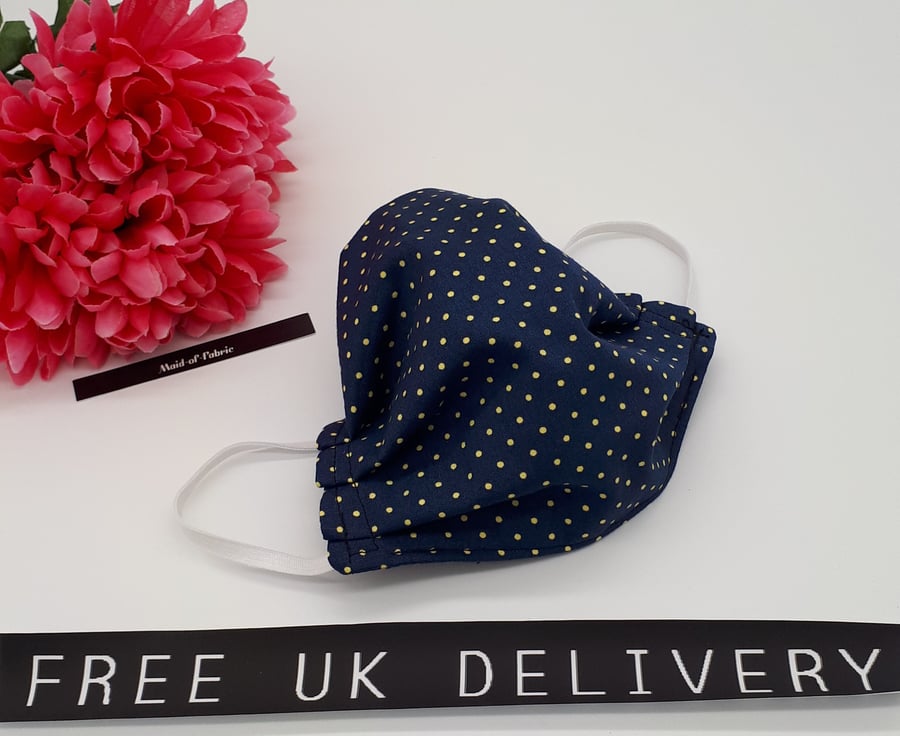 Face mask, small,  3 layer,  machine washable in navy and yellow polkadot fabric