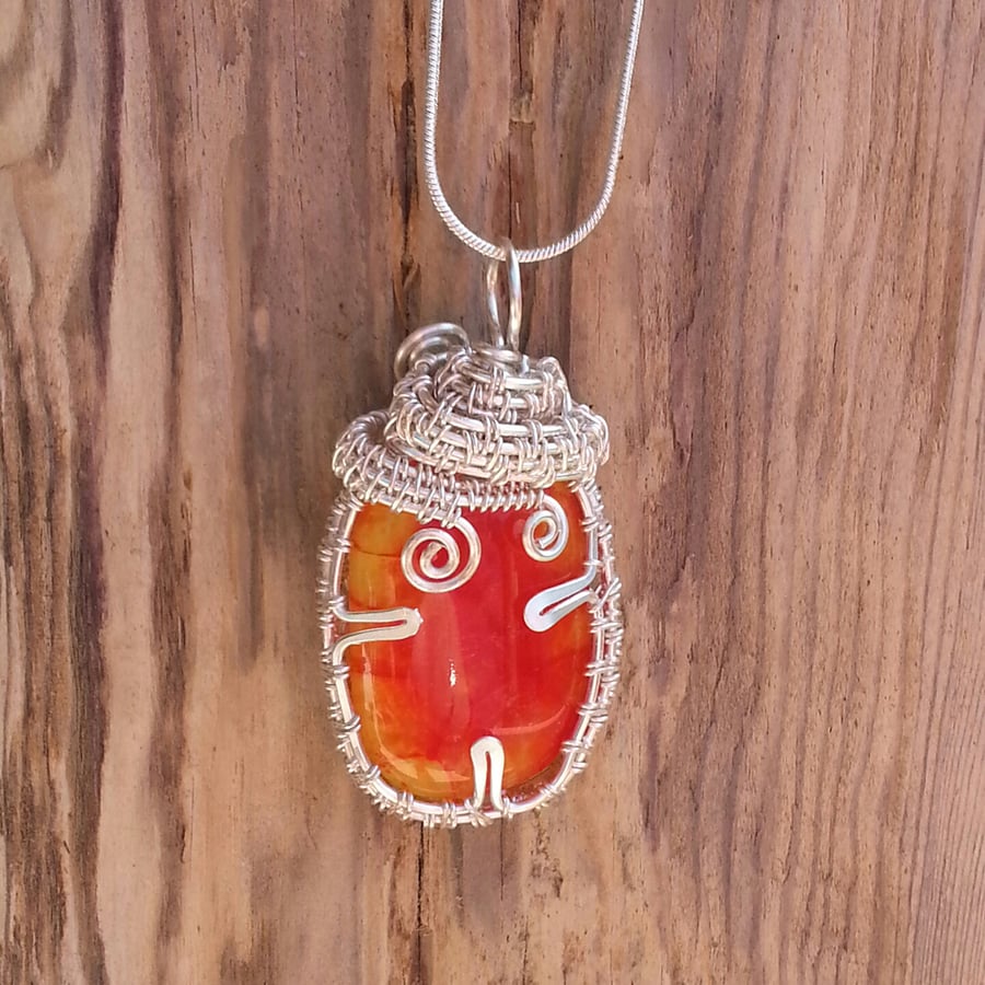 Autumn Fused Glass Wirework Pendant Necklace - Red and Orange Tones