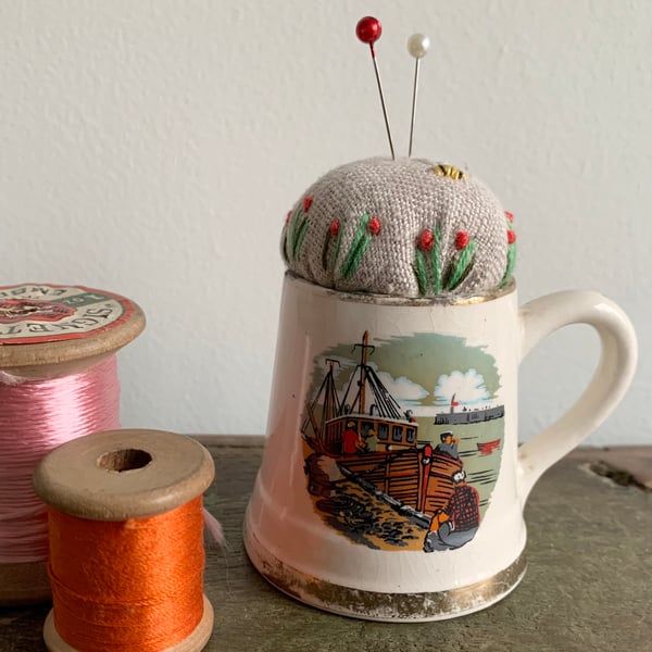 Fishing boat mini mug embroidered pin cushion
