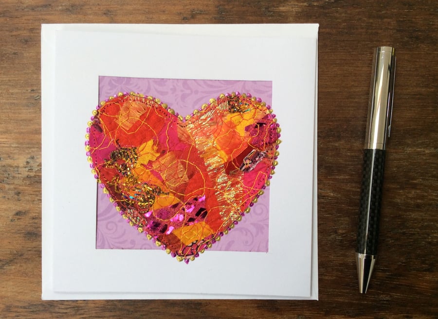 Embroidered up-cycled fabric heart Art Card.
