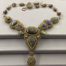 Labradorite Beaded Cocktail Statement Bib Style Necklace Art Nouveau 