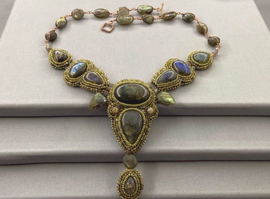 Labradorite Beaded Cocktail Statement Bib Style Necklace Art Nouveau 