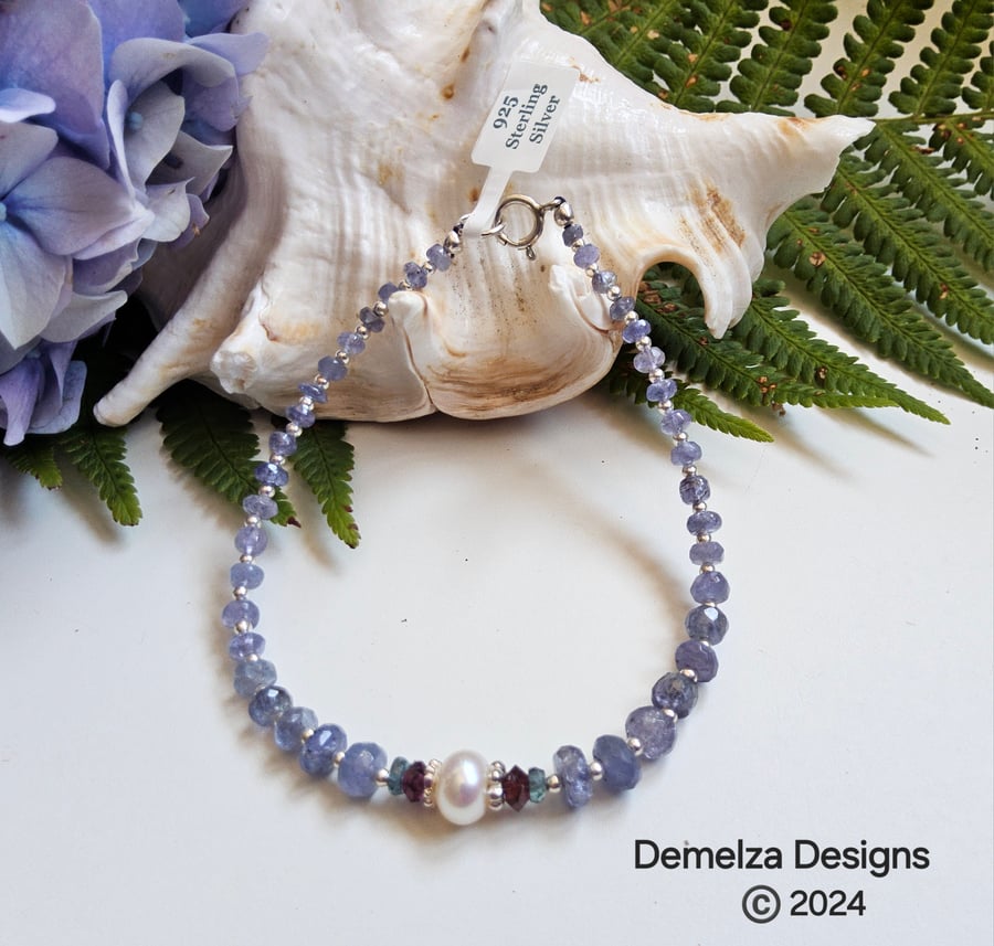 Dainty Tanzanite, Freshwater Pearl,  Garnet &  Kyanite Sterling Silver Bracelet