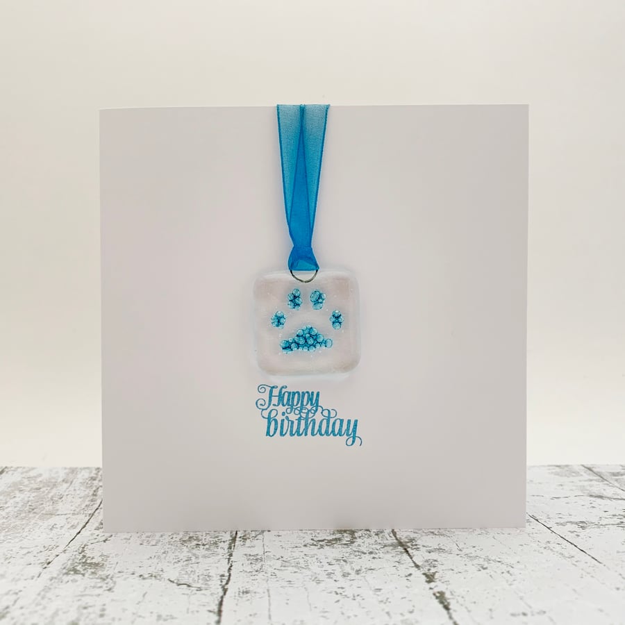 Birthday Card with Pawprint Fused Glass Keepsake Glass Suncatcher