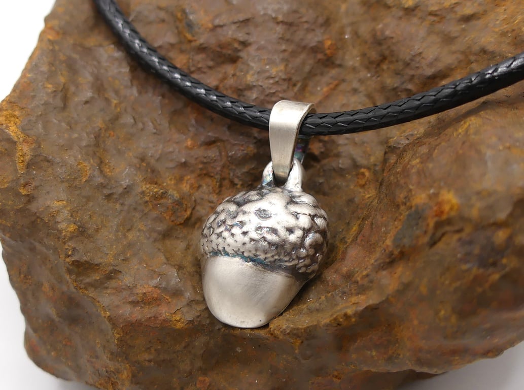 Recycled Sterling Silver Real Acorn Mould Pendant Waxed Cotton Cord Necklace.