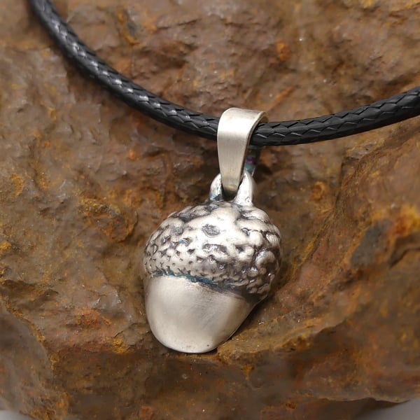 Recycled Sterling Silver Real Acorn Mould Pendant Waxed Cotton Cord Necklace.