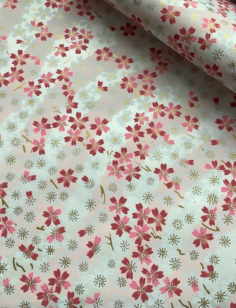 A4 SHEET yuzen paper. Chiyogami . Flowers. Sakura . Blossom. silver , pink .