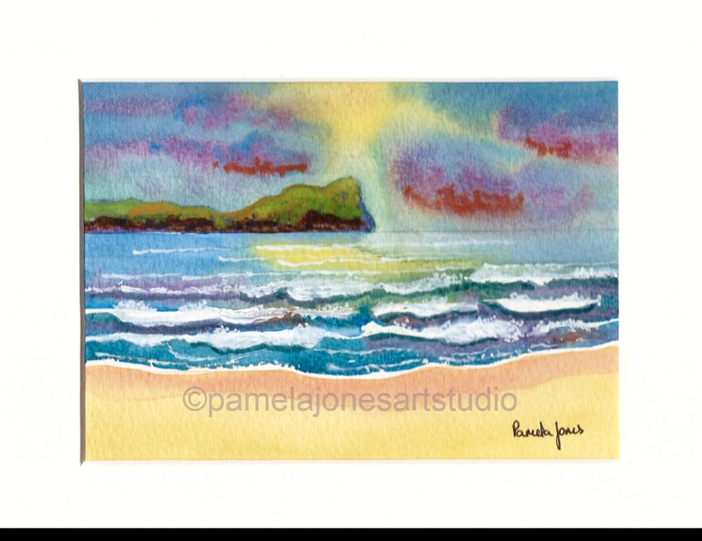 Worms Head, Rhossili Bay, Gower, Wales, Original Watercolour in 9 x 7 '' Mount