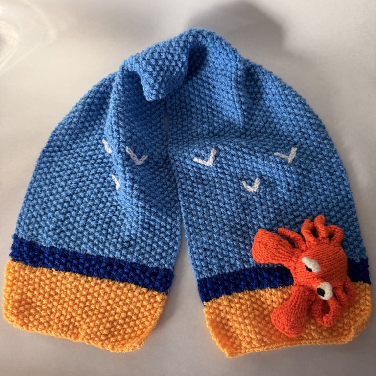 Hand Knitted Children's 'Crab at the Beach' Winter Scarf