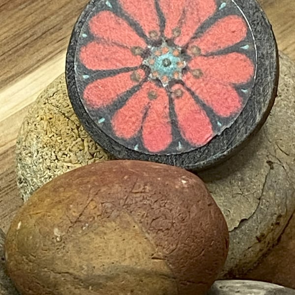 Bright Red flower wooden pin brooch