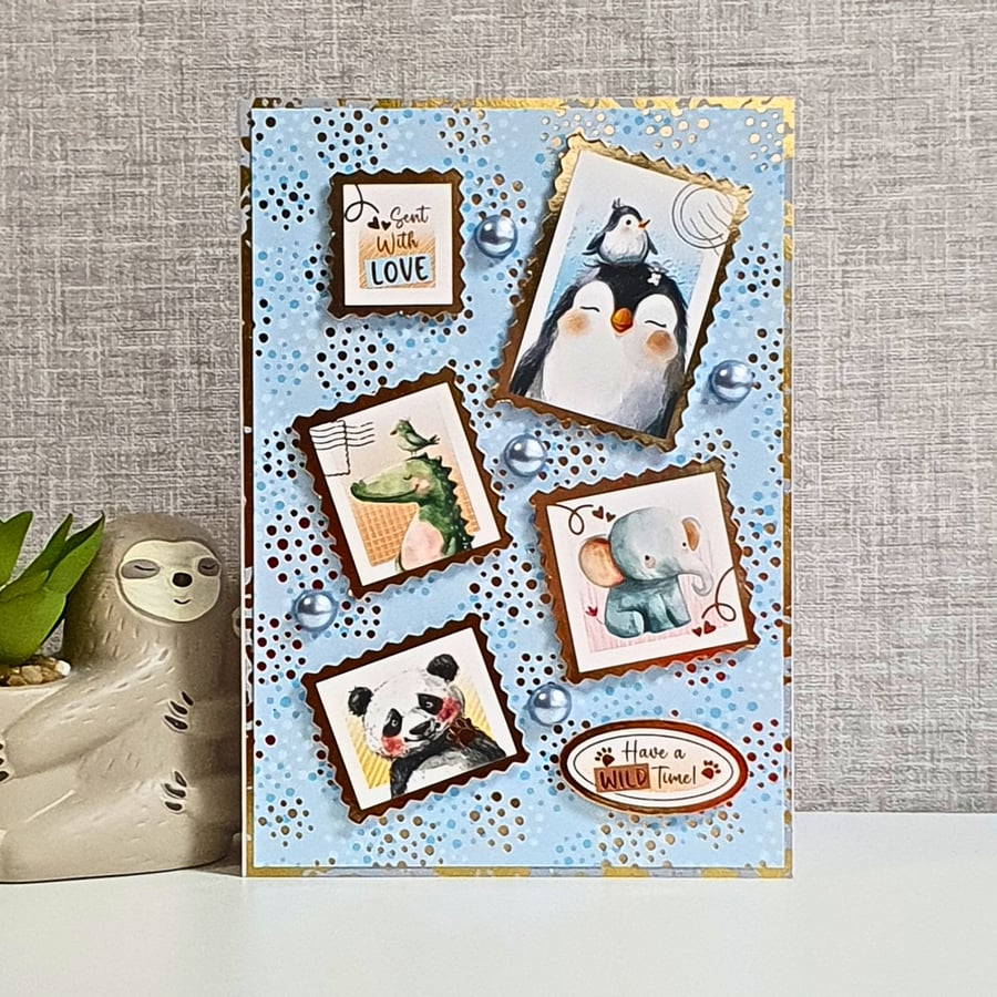 Animal Themed Birthday Card With Penguin, Crocodile, Elephant & Panda