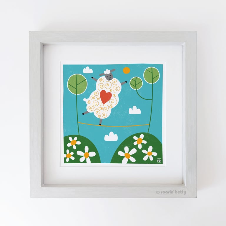 Tightrope Walking, fun sheep print, whimsical sheep illustration, Giclee print