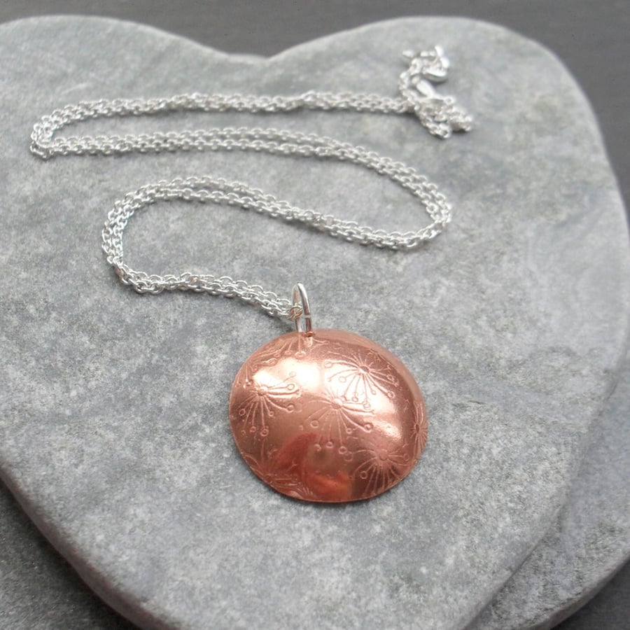  Copper Domed Dandelion  Disc Pendant With Sterling Silver Chain 