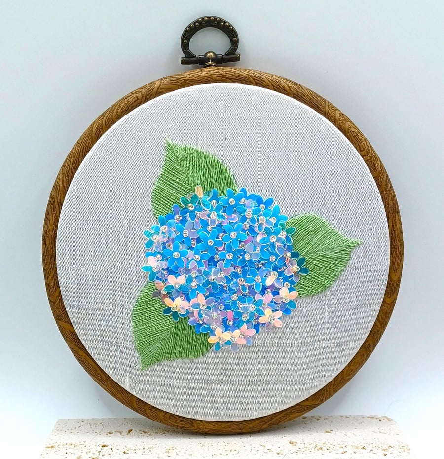 Sequin Hydrangea Flower Stumpwork 3D Embroidery, Floral Wall Art, Textured Embro