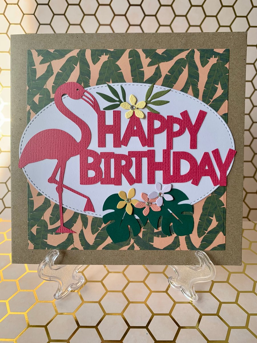 Handmade Flamingo Happy Birthday Card (palm leaves)