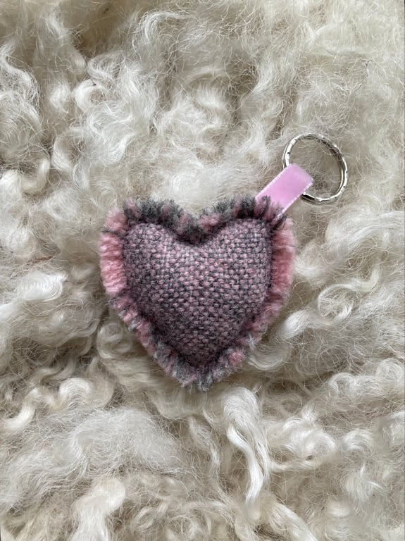 Heart Keyring - Pastel Pink wool. Handwoven in Wales