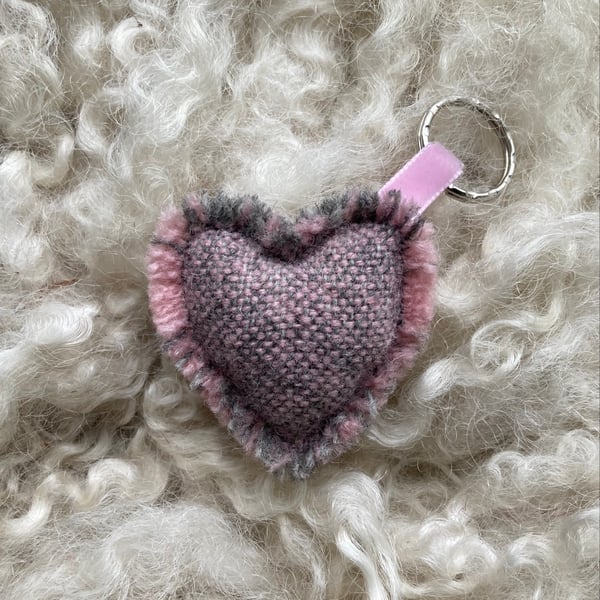 Heart Keyring - Pastel Pink wool. Handwoven in Wales
