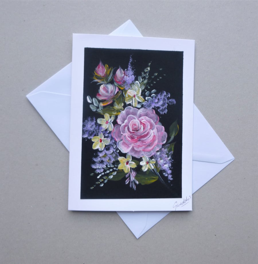 greetings card hand painted original art floral card ( ref F 441.M3 )