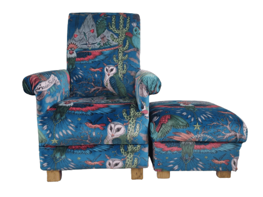 Emma Shipley Frontier Teal Velvet Fabric Adult Chair & Footstool Armchair Eagles