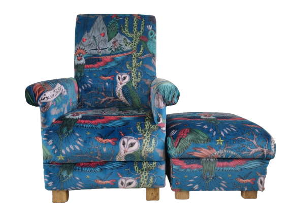 Emma Shipley Frontier Teal Velvet Fabric Adult Chair & Footstool Armchair Eagles