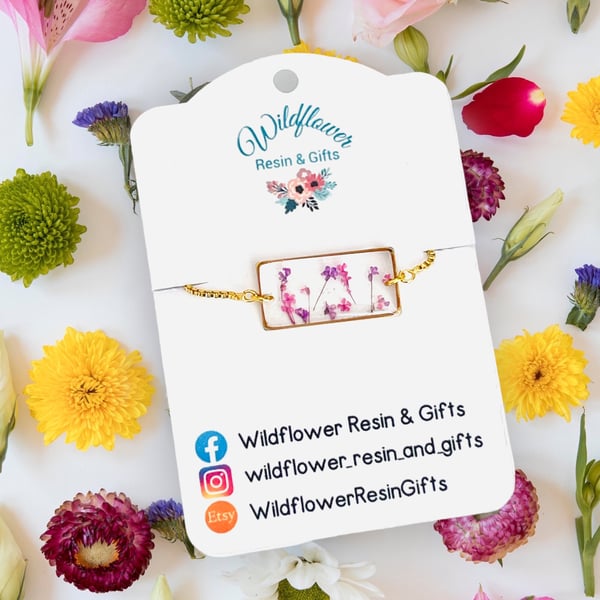 Floral bracelet, real pressed flower jewellery, gold adjustable bracelet