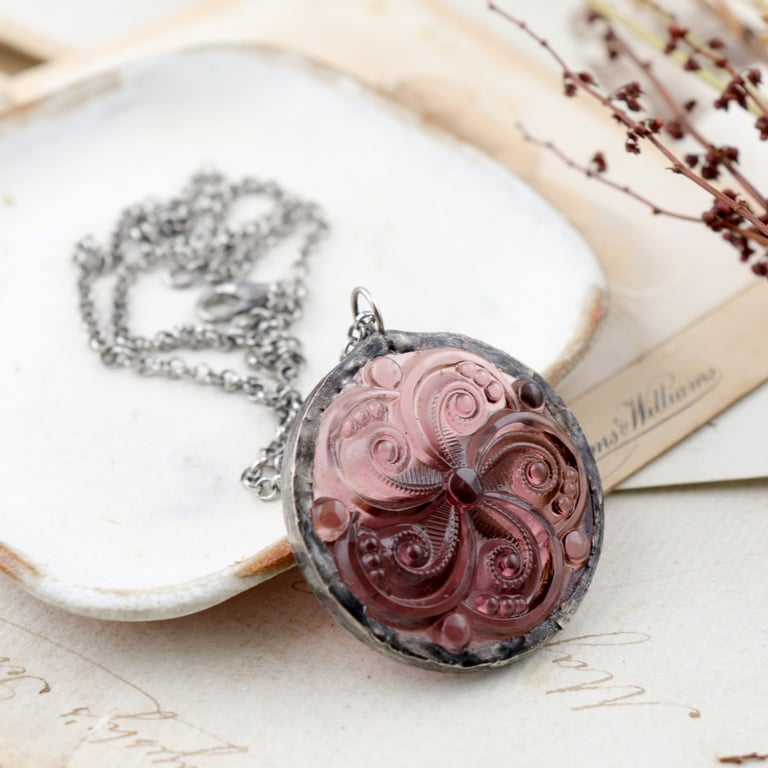 Amethyst glass necklace, art deco soldered stained glass statement necklace