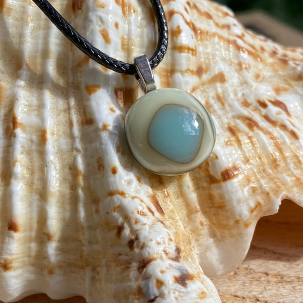 Cream and Blue bullseye fused glass cabochon pendant 
